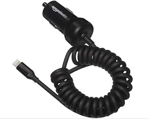 Amazon Basics 12W Fast Charging Car Charger with Coiled Lightning Cable