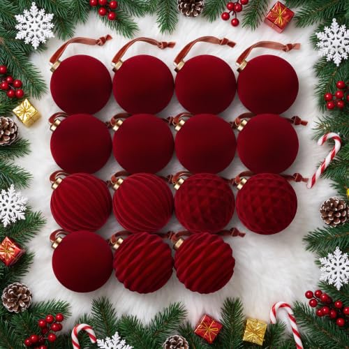 Minetom Burgundy Velvet Christmas Ornaments, 15 Pcs