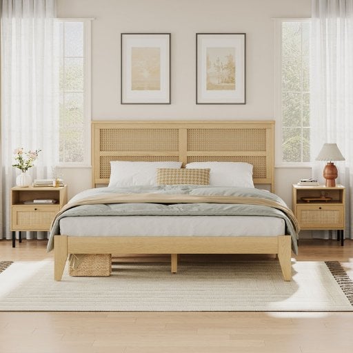 Aimara Boho 3-Piece Bedroom Set (Rattan Nightstand Set of 2 & Queen Platform Bed Frame) Deal