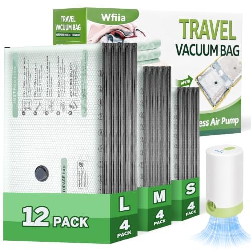 Wfiia 12-Pack Vacuum Storage Bags for Travel w/ Rechargeable Air Pump (3 Sizes) Deal