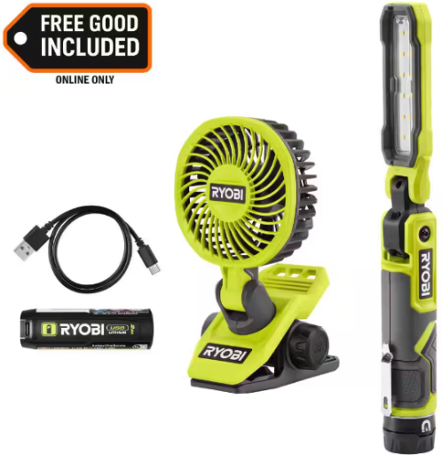 Ryobi USB Lithium Cordless 550 Lumens Rechargeable Inspection Flashlight Kit with Clamp Fan Deal