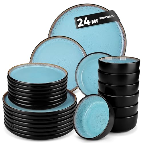 Vancasso AMBER Stoneware Plates & Bowls Dinnerware Set for 8 (24-Pc, Light Blue) Deal