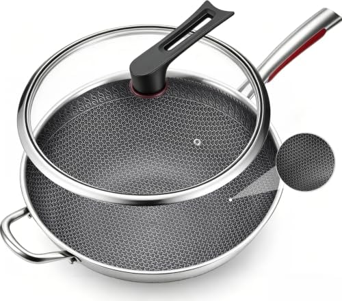 12.6" Lake Tian Tri-Ply Chemical Free Laser Etched Honeycomb Nonstick Stainless Steel Wok Pan w/ Glass Lid Deal