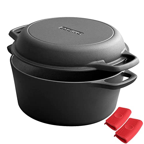 5-Quart Edging Casting 2-in-1 Pre-Seasoned Cast Iron Dutch Oven Pot w/ Skillet Lid Cooking Pan