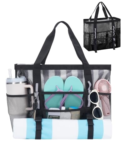 WANDF Large 41L Mesh Beach Tote Bag w/ 40oz Tumbler Pockets (Black) Deal
