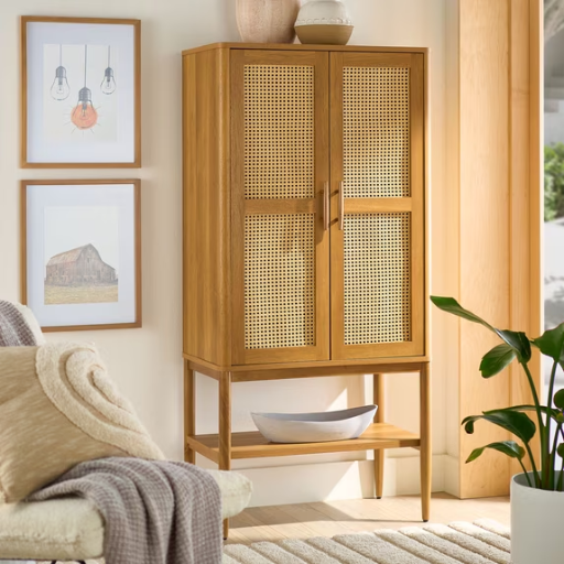 Better Homes & Gardens Springwood Caning Storage Accent Cabinet, Light Honey Finish Deal