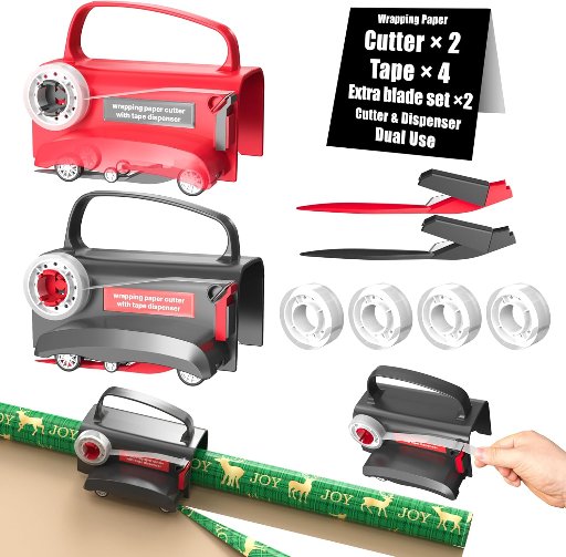 Wraprocut Wheel Wrapping Paper Cutter & Tape Dispenser with 4 Tapes