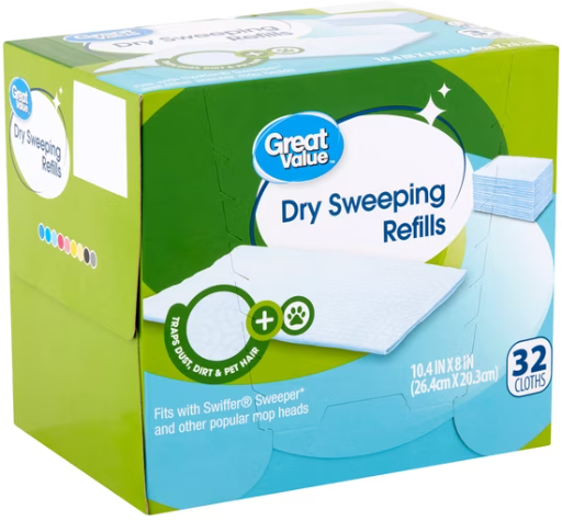 Great Value Dry Sweeping Cloth Refills for Swiffer Mops, 32 Count Deal