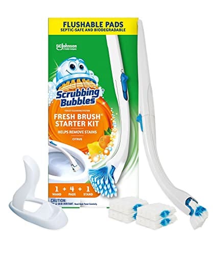 (Prime Deal) Scrubbing Bubbles Toilet Bowl Cleaning System w/ Wand, 4 Refill Pads & Stand (Citrus)