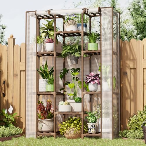 10-Tier Indoor/Outdoor Wood Plant Stand Greenhouse w/ Cover (White)