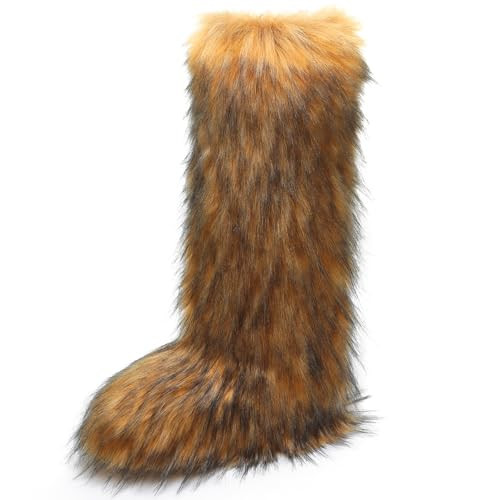 YXCFEWD Faux Fur Winter Knee High Boots for Women (Brown, Size 7)