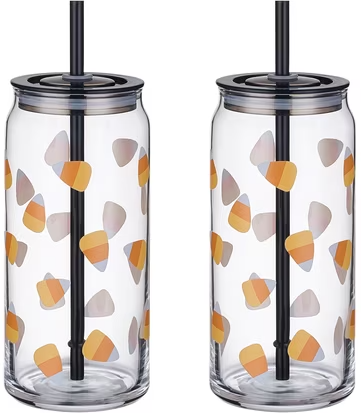 Way to Celebrate Halloween Candy Corn Glass Can Sipper Tumblers, 20 oz 2-Pack
