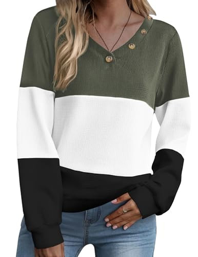 Zeagoo  Waffle Knit V Neck Long Sleeve Tops