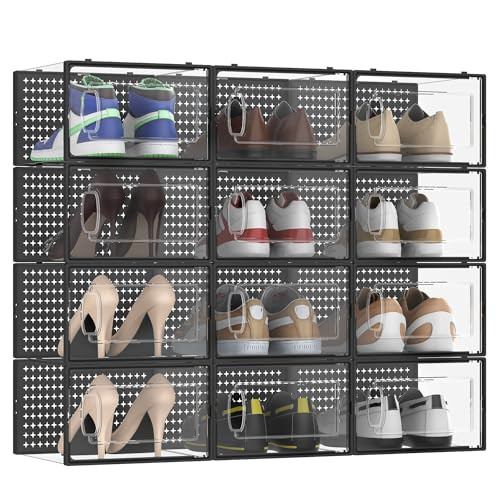 Large Modular Clear Plastic Stackable Shoe Storage Organizer 12-Pack (Black)