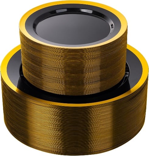 120-Pack Black and Gold Plastic Plates