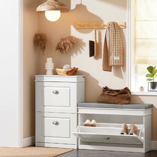 White Shoe Storage Bench with 1 Flip-Drawer