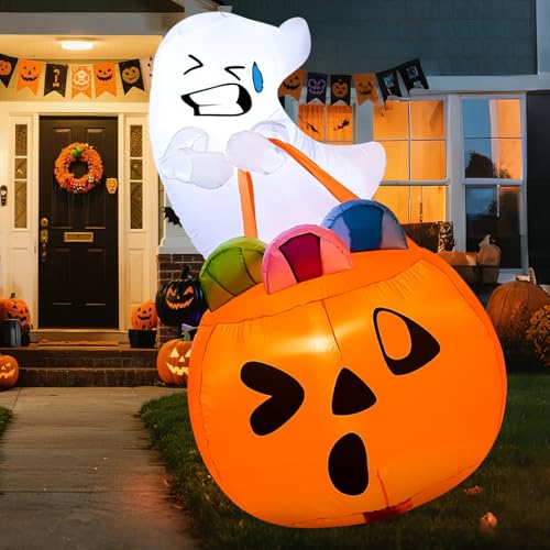Joiedomi Halloween Inflatables Outdoor Lighted Ghost w/ Pumpkin Candy Bag 5' Deal