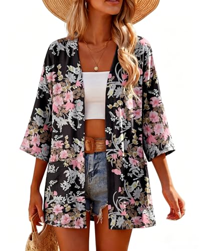 Lepunuo Women's Lightweight Open Front 3/4 Sleeve Kimono Cardigan w/ Pockets