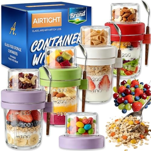 16+4 OZ Glass Mason Jars Overnight Oats Containers with Lids and Spoon, 4 Pack