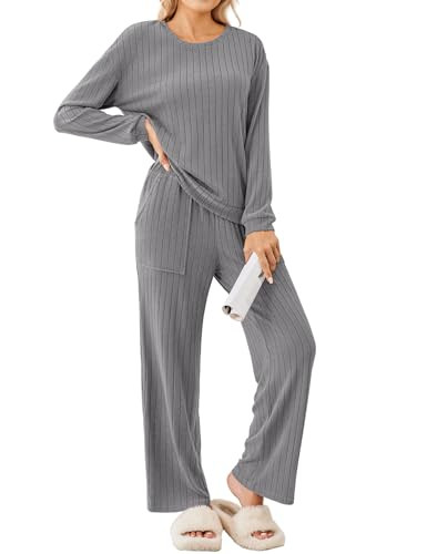 Ekouaer Ribbed Knit Pajama Sets 2 Piece  