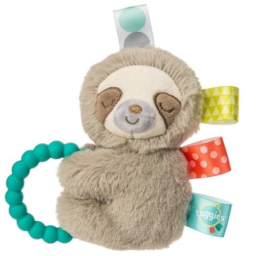 Taggies Sensory Stuffed Animal Soft Rattle with Teether Ring Molasses Sloth