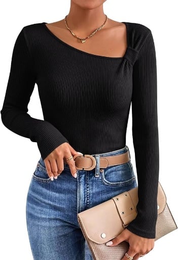PINKMSTYLE Asymmetrical Neck Long Sleeve Tops