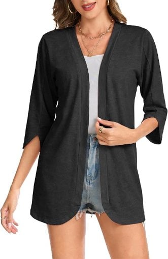 Bosmeer Women's Lightweight Cardigan 3/4 Petal Sleeve Summer Kimono Open Front Curved Hem Beach Vacation Cover Ups
