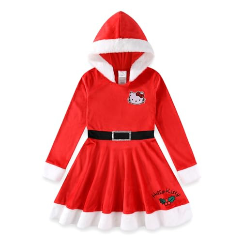 Hello Kitty Sanrio Girls Cosplay Christmas Holiday Long Sleeve Hooded Santa Dress