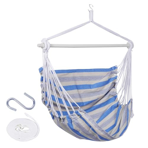 Backyard Expressions Striped Hammock Chair Hanging Rope Swing Chair w/ Anti Slip Steel Spreader Bar (Blue/Grey)