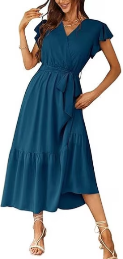 PRETTYGARDEN Women's Floral Boho Wrap V Neck Short Sleeve Belted Ruffle Hem A-Line Flowy Maxi Dress Deal