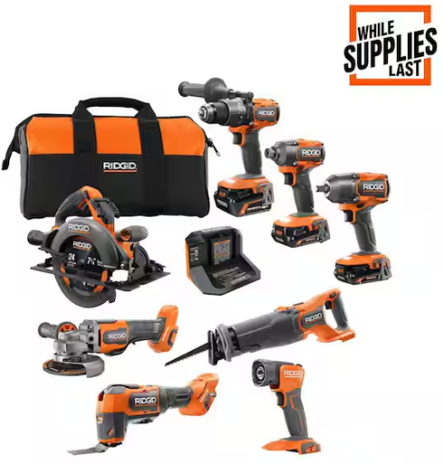 Ridgid 18V Brushless Cordless 8-Tool Combo Kit with (2) 2.0 Ah and (1) 4.0 Ah MAX Output Batteries