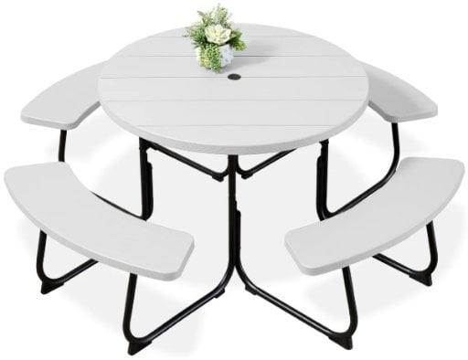 8-Person Circular Picnic Table w/ Umbrella Hole, 4 Benches