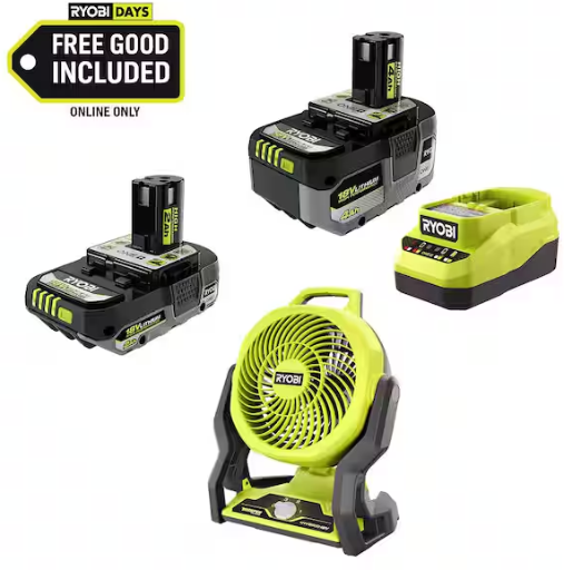 Ryobi ONE+ 18V HIGH PERFORMANCE Kit w/ 4.0 Ah Battery, 2.0 Ah Battery, Charger, & FREE ONE+ Cordless Hybrid 7-1/2" Fan