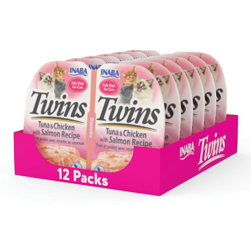 INABA Twins for Cats Side Dish/Topper Cups, 12 Servings, Tuna & Chicken with Salmon
