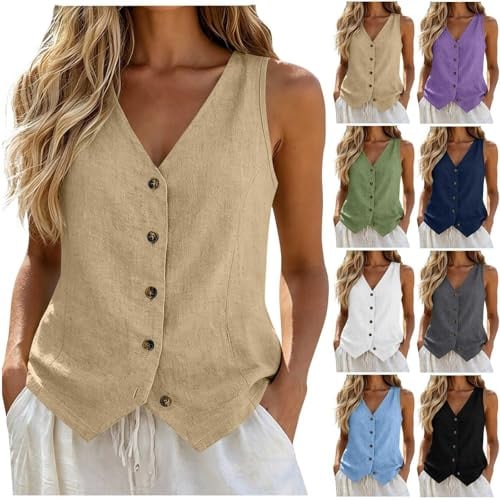 Linen Button Down Vest V Neck Sleeveless Shirts Deal