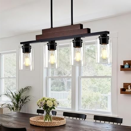 4-Light Linear Chandelier, Matte Black Pendant, Wood Ceiling Light Fixture Hanging with Clear Glass Shade
