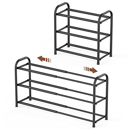3-Tier Gonfoam Expandable & Adjustable Heavy Duty Metal Shoe Rack Organizer (Black)