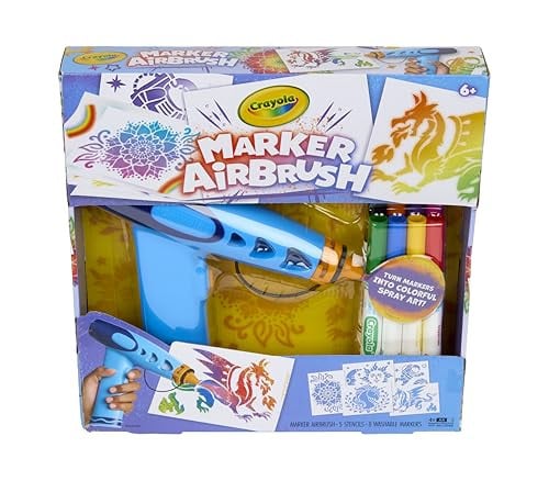 Crayola Marker Airbrush Spray Art Kit w/ Battery-Powered Sprayer, 8 Washable Markers & 5 Stencils