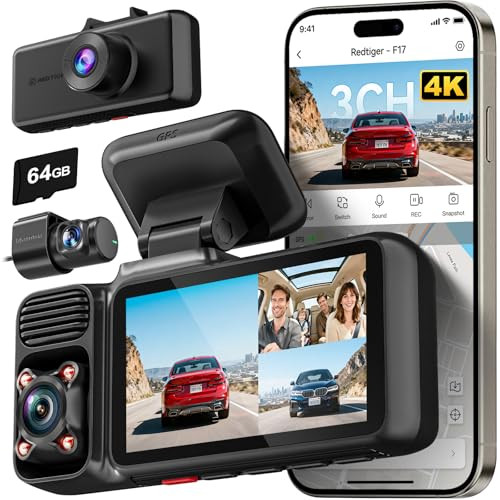 REDTIGER F17 4K 3 Channel Dash Cam 64GB Card