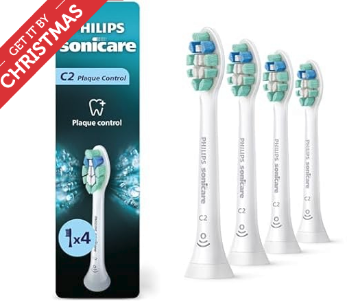 Philips Sonicare C2 Plaque Control Genuine Replacement Electric Toothbrush Heads, White, 4 Pack