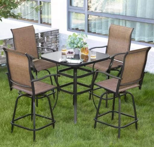 5-Piece Metal Patio Outdoor Bar Set w/ High Swivel Bistro Chairs & Square Table (Brown)