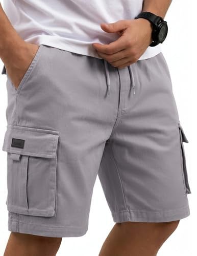 COOFANDY Mens Premium Twill Cotton Cargo Shorts Casual Stretch Drawstring Work Short Elastic Waist Chino Shorts Light Gray Deal