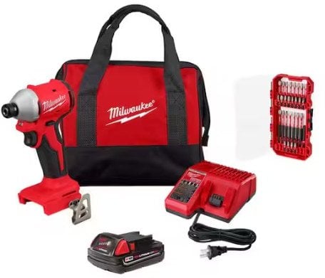 Milwaukee M18 18V Compact Brushless 1/4 in. Impact Driver Kit w/ 2.0Ah Battery, Charger, Bag with SHOCKWAVE 28-Pc Set