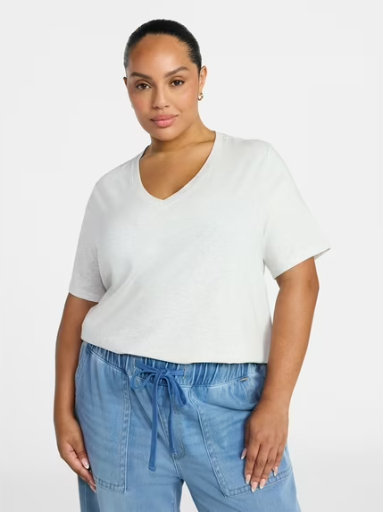 Terra & Sky Women's Plus Size V-Neck Tee with Short Sleeves, Size 0X-5X Deal
