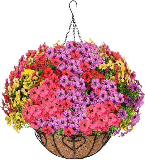 Artificial Hanging Basket with 13 Pcs Faux Silk Flowers