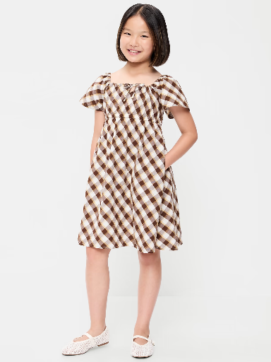 Short Flutter-Sleeve Crinkled Plaid Dress for Girls Deal