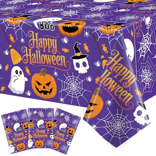 3-Pack 54" x 108" Halloween Plastic Tablecloths (Orange & Purple)