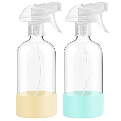Fastinow 16-Oz Glass Spray Bottles 2-Pack w/ Silicone Sleeves (Pale Yellow/Mint Green)
