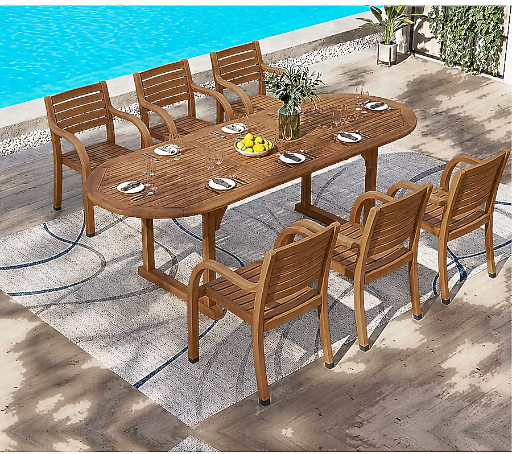Amazonia Outdoor 7-Piece Natural Patio Dining Set Extendable Table Wood Oval Table with 6 Stackable Stationary Chairs