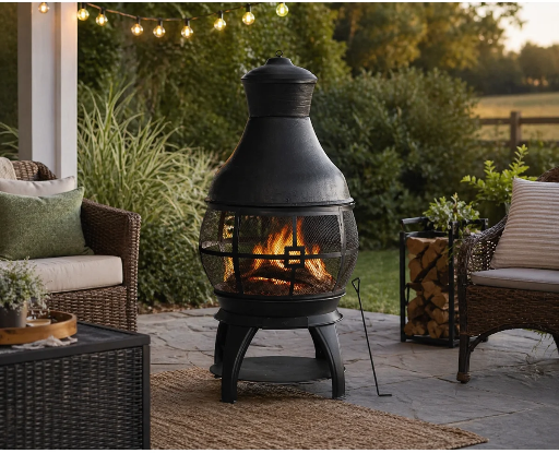 45" Cast Iron Smokeless Chiminea with Mesh Screen, Sliding Door & Rain Cap